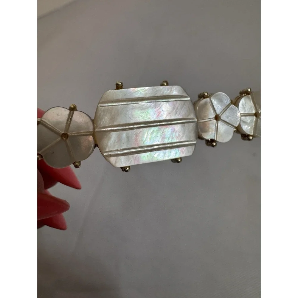Vintage Carved Mother of Pearl Shell French Barrette Gold Tone Hair Clip White
